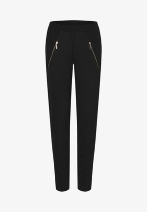 Sorte strækbukser med en tapered pasform, der har to lynlåslommer foran. Lavet af et blødt, let stof og med en elastisk talje.