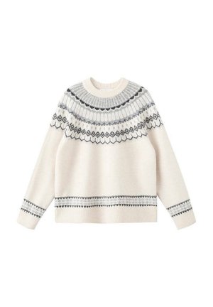 Off-White gestrickter Pullover mit rundem Ausschnitt, ausgestattet mit einem Fair-Isle-Muster in Grau und Schwarz über dem Schulterbereich und an den Bündchen. Lässige Passform.