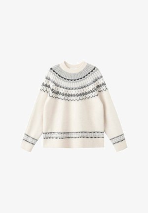 Off-White gestrickter Pullover mit rundem Ausschnitt, ausgestattet mit einem Fair-Isle-Muster in Grau und Schwarz über dem Schulterbereich und an den Bündchen. Lässige Passform.