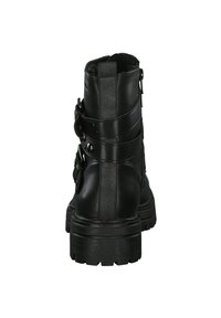 Botines de cuero negro con superficie texturizada, cierre trasero con cremallera y correas ajustables para un ajuste seguro, con suela gruesa.