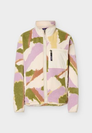 Veste polaire à fermeture éclair intégrale avec motif abstrait en crème, olive, violet et marron, dotée d'une poche poitrine zippée et d'un col montant.