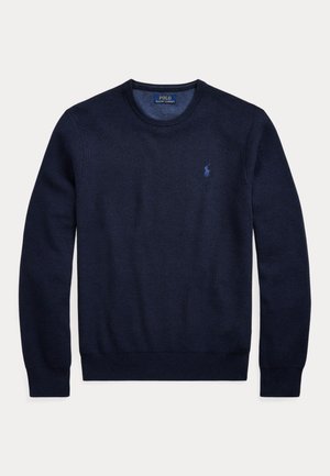 Sweater de gola redonda azul marinho com mangas longas, malha texturizada e um pequeno logo bordado de jogador de polo no lado esquerdo do peito.
