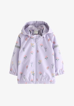 Světle fialová nepromokavá bunda s květinovými vzory v růžové, žluté a levandulové barvě. Má kapuci, elastické manžety a zapínání na zip.