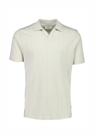 Lysfarvet kortærmet polo med et struktureret vertikalt mønster og V-hals. Fremstillet af et blødt, strikket stof.