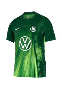Maglietta da calcio verde Nike con design a gradiente, con il logo del Wolfsburg e l'emblema Volkswagen in bianco sul davanti.
