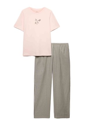 Lys pink top med korte ærmer med lille blomsterdesign kombineret med grå og hvide ternede lange pyjamabukser.