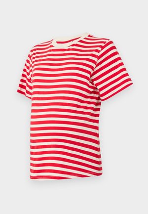 Červené a biele pruhované tričko s krátkym rukávom vyrobené z jemnej bavlny. Má okrúhly výstrih a voľný strih.