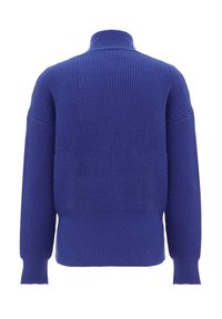Blauer gerippter Pullover mit hohem Kragen und langen Ärmeln, mit strukturiertem Finish und lässiger Passform. Rückansicht angezeigt.