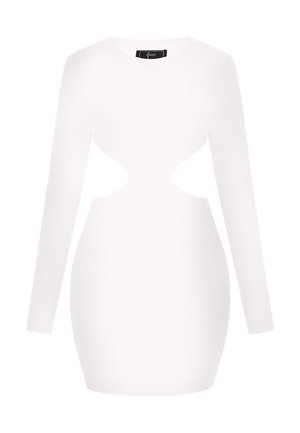 Witte strakke bodycon jurk met lange mouwen, gesneden zijkanten bij de taille, ronde halslijn en korte zoom.