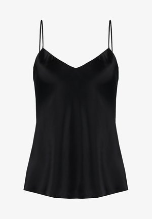 Camiseta de satén negra con tirantes finos, que presenta un escote en V y una textura suave y brillante. Diseño simple y fluido con un corte holgado.