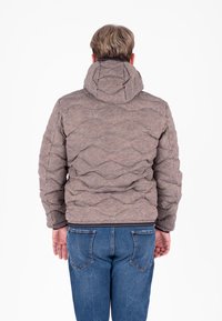 Giacca imbottita grigia con cappuccio, caratterizzata da un motivo trapuntato, orlo a coste e tessuto resistente. Indossata sopra jeans blu, vista da dietro.