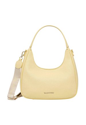 Sac à main Valentino jaune clair avec poignée supérieure incurvée et bandoulière beige amovible avec logo.