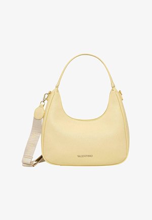 Sac à main Valentino jaune clair avec poignée supérieure incurvée et bandoulière beige amovible avec logo.
