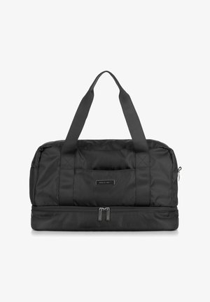 Borsa a duffel nera in nylon con doppio manico, chiusura a zip, tasca frontale e superficie liscia. Presenta un pannello inferiore e zip a contrasto.