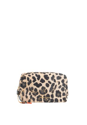 Leopard-print cosmetic bag in beige and black, featuring a smooth texture, rounded shape, and gold branding. Includes a decorative zipper pull.