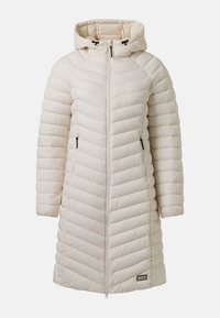 Long manteau d'hiver matelassé couleur crème avec capuche, fermeture éclair intégrale à l'avant, deux poches latérales zippées et cordons de serrage réglables sur la capuche.