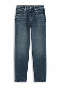 Donkerblauwe spijkerbroek met een rechte pasvorm, voorzien van vervaagde plekken, vijf zakken en metalen hardware op de tailleband en zakken.