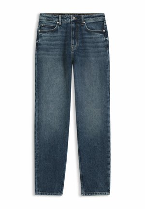 Jeans in denim blu scuro con taglio dritto, caratterizzati da zone scolorite, cinque tasche e dettagli in metallo in vita e sulle tasche.