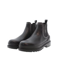 Černé kožené kotníkové boty s elastickými bočními panely, gumovými podrážkami a texturovanými akcenty. Disponují logem na boku a hladkým povrchem.