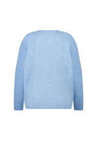 Lichtblauwe trui met zachte textuur, een ronde hals en lange mouwen. De achterkant is glad, zonder patronen of versieringen.