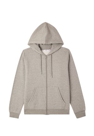 Felpa zip con cappuccio grigia chiara, maniche lunghe, tasche frontali, cordini e polsini e orlo a costine, distesa su uno sfondo bianco.