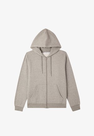 Felpa zip con cappuccio grigia chiara, maniche lunghe, tasche frontali, cordini e polsini e orlo a costine, distesa su uno sfondo bianco.