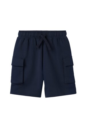 Mørkeblå cargoshorts med elastisk talje og snøre, med to store klaplommer på hver side.