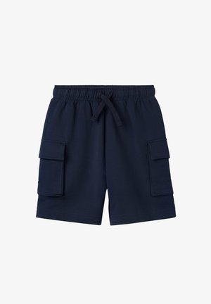 Navy blue cargo shorts with elastic waistband and drawstring, featuring two large flap pockets on each side.