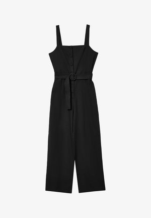 Tutina nera con gamba ampia, spalline regolabili, bottoni frontali e cintura in vita con una fibbia circolare. Tessuto liscio.