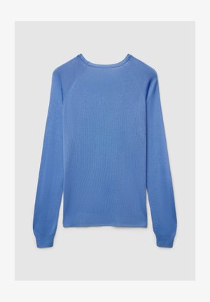 Blauer Pullover mit langen Ärmeln, geripptem Halsausschnitt, Raglanärmeln und Strickstruktur. Verfügt über ein nahtloses Rückendesign.