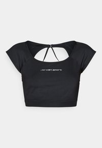 Svart kortärmad träningsöverdel med kapärmar, skärning i ryggen och dragsko. Har "Jordan Sport"-logotyp i vitt på framsidan.