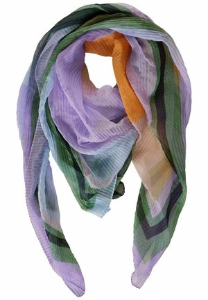 Doorschijnende geplooide sjaal met diagonale strepen in lavendel, groen, oranje, zwart en lichtblauw, losjes gedraaid met puntige uiteinden.