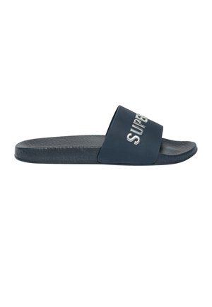 Marineblaue Pantoffel mit strukturierter Sohle und breitem Riemen mit erhabenen weißen "SUPER"-Buchstaben.