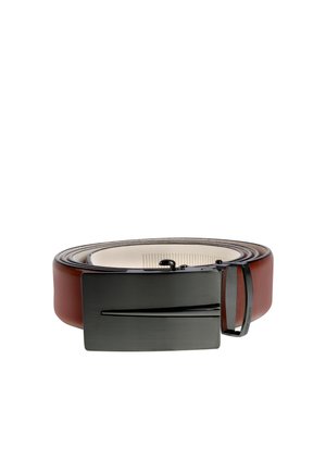 Brown leather belt with a smooth surface, featuring a sleek black metal buckle and a silver accent line. Adjustable strap for fit.
