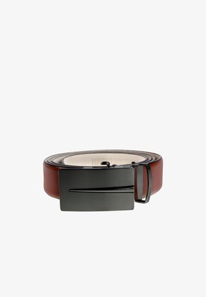 Brown leather belt with a smooth surface, featuring a sleek black metal buckle and a silver accent line. Adjustable strap for fit.