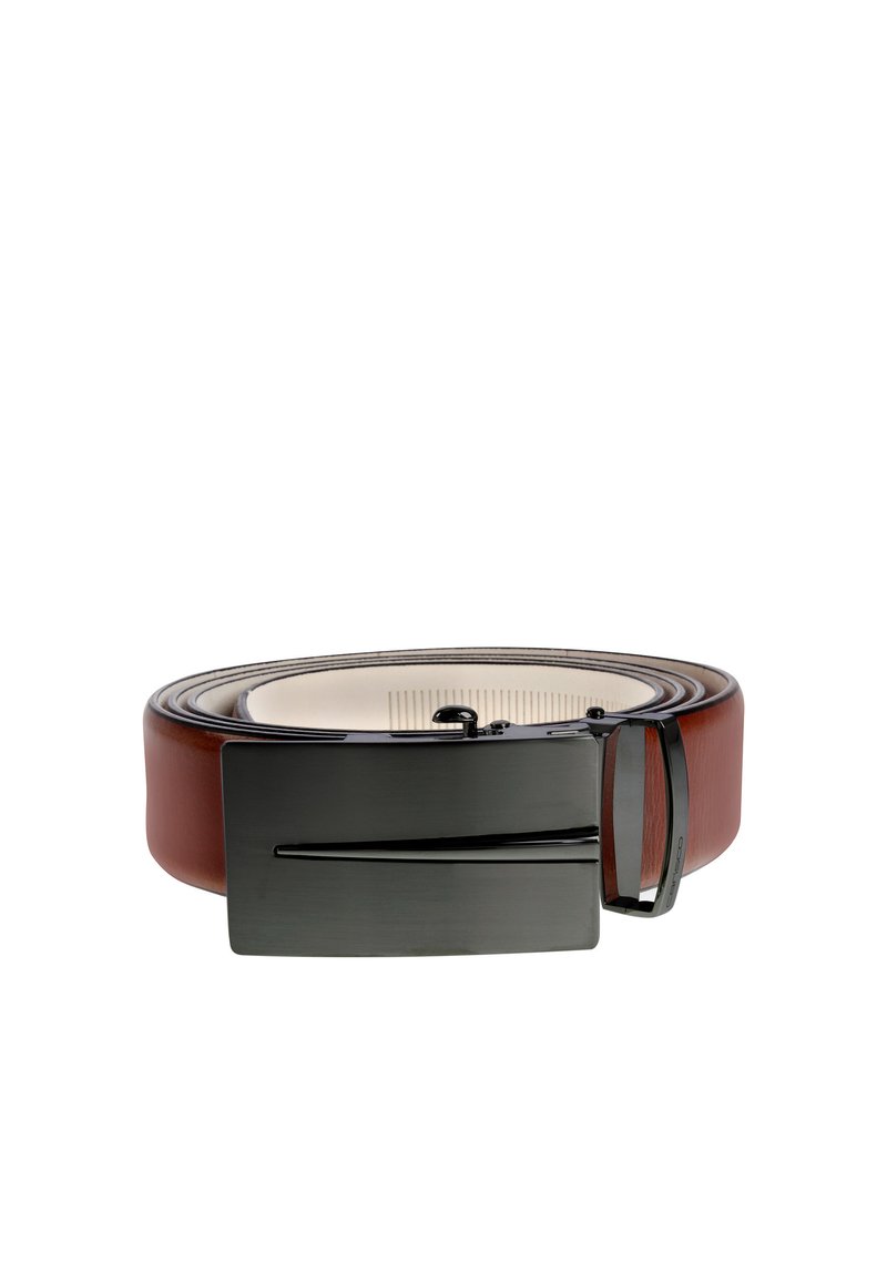 Brown leather belt with a smooth surface, featuring a sleek black metal buckle and a silver accent line. Adjustable strap for fit.