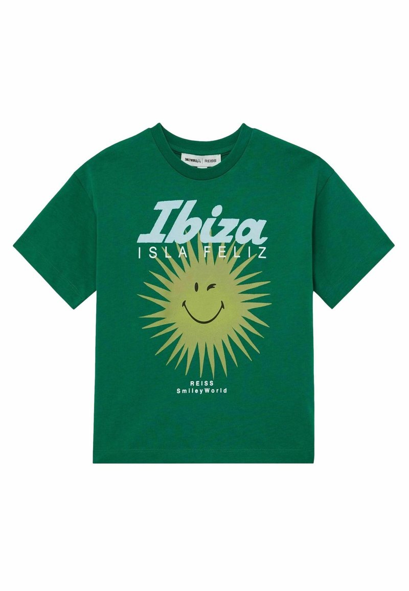 Camiseta de algodón verde con un gráfico del sol y una cara sonriente, texto "Ibiza Isla Feliz" en blanco, y mangas cortas.