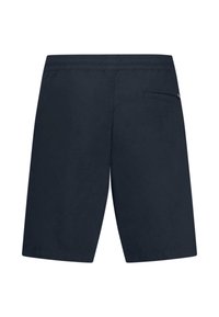 Navy blue shorts featuring a rear pocket, elastic waistband, and a simple, straight-leg design made from lightweight fabric.