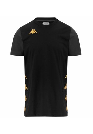 T-shirt nero a maniche corte in cotone, con scollo rotondo e accenti dorati del logo Kappa sul petto e sui lati.