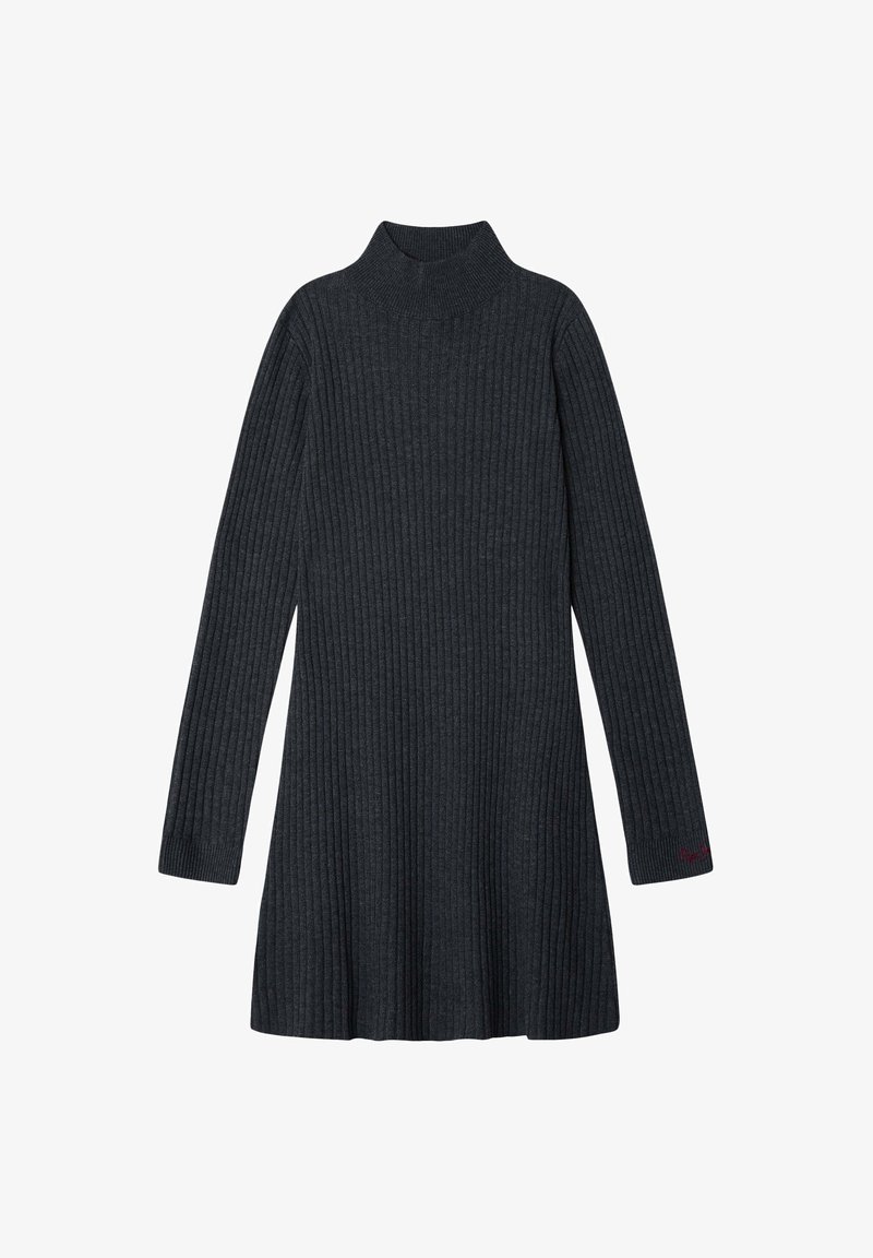 Abito a maglia grigio scuro a coste con colletto alto, maniche lunghe e orlo svasato. Presenta un discreto dettaglio con logo sulla manica.