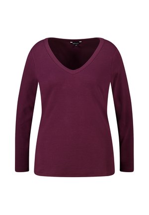 Haut pour femme à manches longues, col en V profond, couleur bordeaux foncé, silhouette ajustée et texture lisse et uniforme.