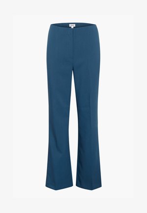 Prilagojene hlače s flared krojem v temno modrem blagu. Imajo gladko pasnico in diskretno šivanje, s splošno elegantno in strukturirano silhueto.