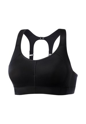 Schwarzer Sport-BH mit strukturiertem Design, der einen Racerback, verstellbare Träger und nahtlose Nähte für Komfort und Unterstützung aufweist.