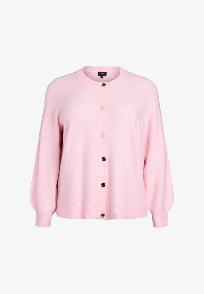 Cardigan rosa realizzato in materiale morbido, con scollatura rotonda, maniche lunghe e sei bottoni frontali con dettagli in oro e nero.