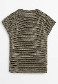 Knit short-sleeve top in dark green with an open weave and rounded neckline. Features a relaxed fit and subtle texture throughout.