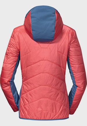 Oboustranná péřová bunda se červeným tělem a modrými akcenty, horizontálním prošíváním a kapucí. Hladký povrch a prodyšný materiál.