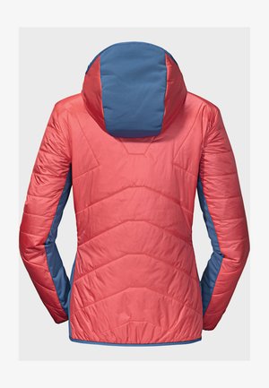 Oboustranná péřová bunda se červeným tělem a modrými akcenty, horizontálním prošíváním a kapucí. Hladký povrch a prodyšný materiál.