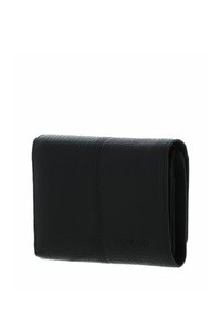 Portefeuille en cuir noir à finition texturée, avec un design plié et des détails subtils de couture. Logo embossé à l'avant.