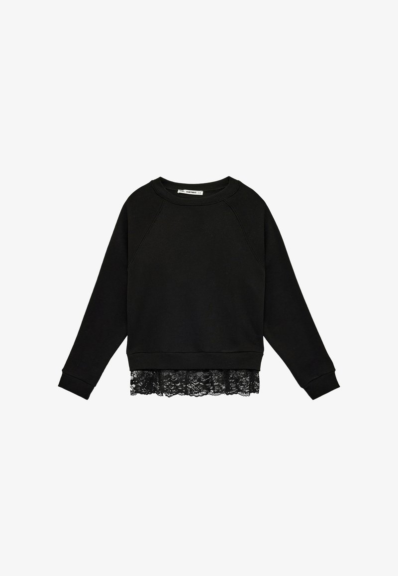 Schwarzes langärmliges Sweatshirt mit gerippten Bündchen und Saum, versehen mit einem Spitzenbesatz, der am unteren Rand hervorblitzt.