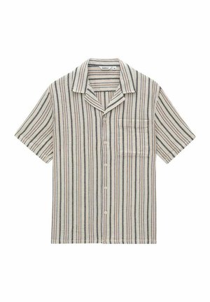 Short-sleeve shirt in beige with vertical stripes in dark blue, light blue, and rust. Features a collar and a front pocket.